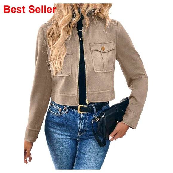 Faux Suede Zip Crop Motorcycle Jacket with Cargo Pockets Size S
